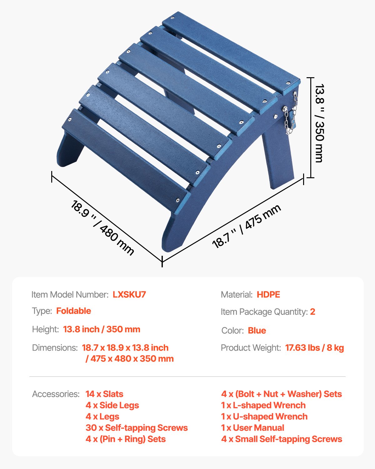 VEVOR Adirondack Ottoman 2 Set 18.7L x 18.9W x 13.8H Inch HDPE Footrest Blue