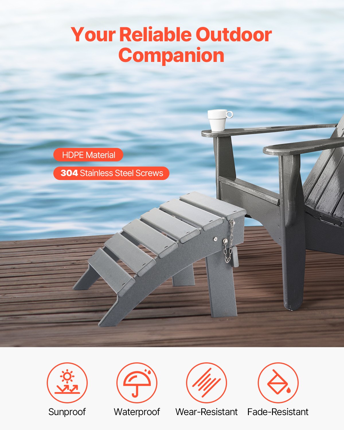 VEVOR Adirondack Ottoman 16.9L x 18.9W x 13H Inch HDPE Folding Footrest Gray