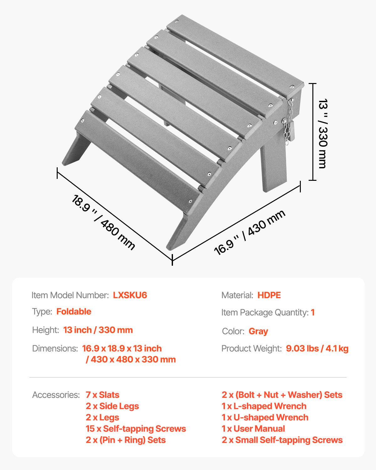 VEVOR Adirondack Ottoman 16.9L x 18.9W x 13H Inch HDPE Folding Footrest Gray