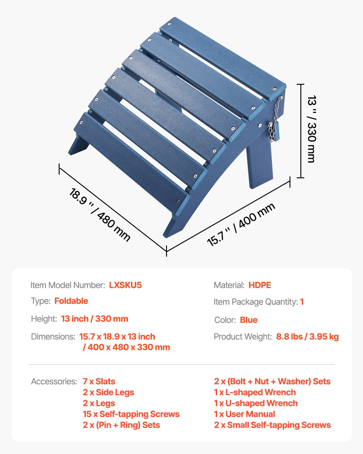 VEVOR Adirondack Ottoman 15.7L x 18.9W x 13H Inch HDPE Folding Footrest Blue