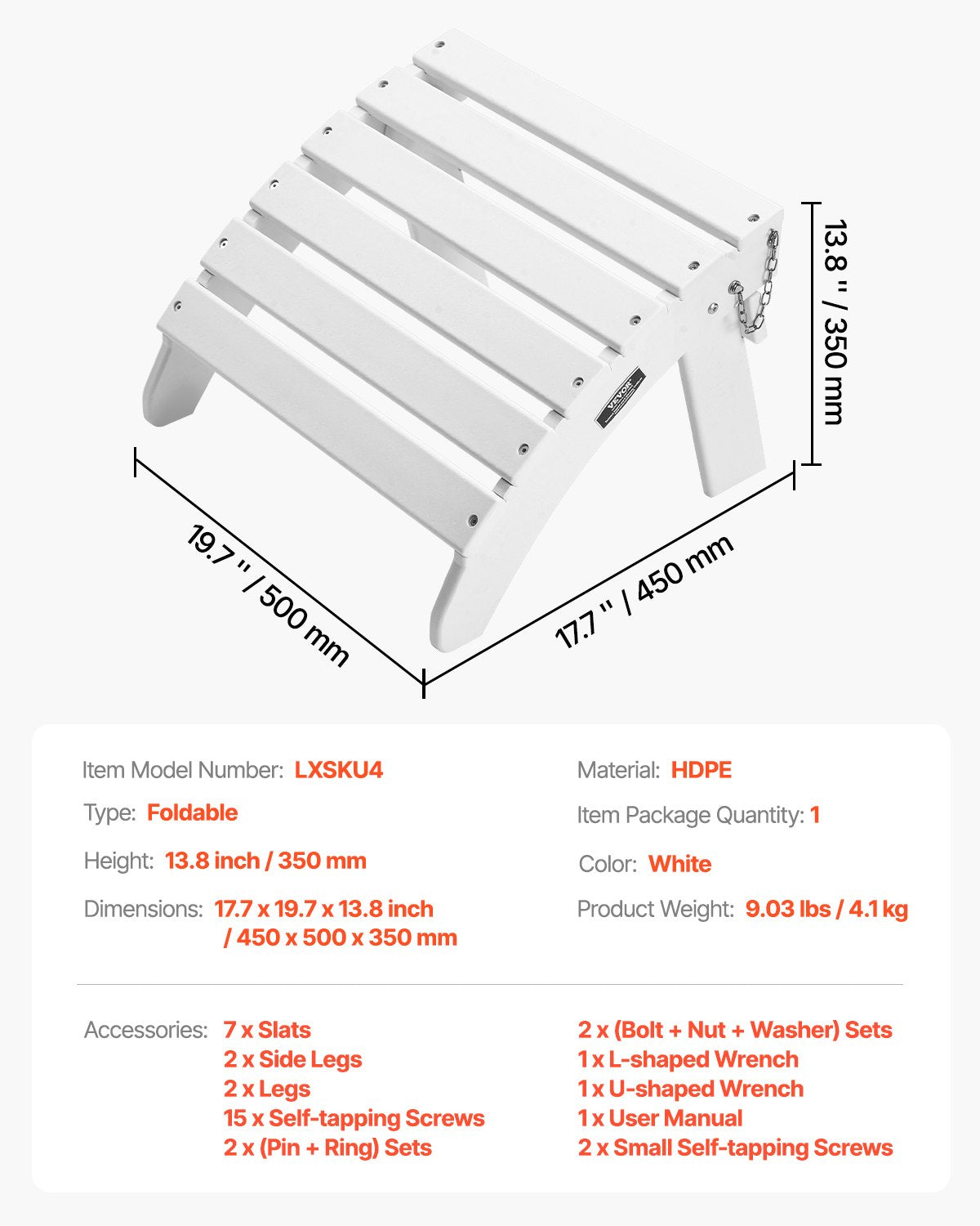 VEVOR Adirondack Ottoman 17.7L x 19.7W x 13.8H Inch HDPE Folding Footrest White