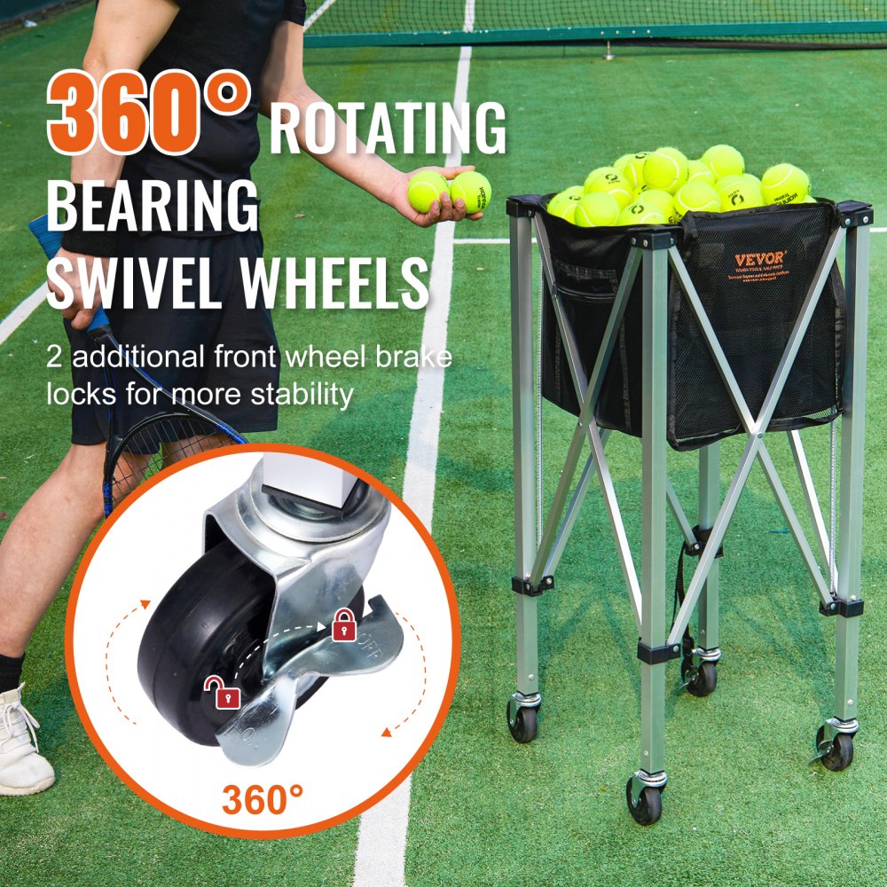 VEVOR Foldable Tennis Ball Hopper, Holds 150 Tennis Balls, Lightweight Aluminum Alloy Tennis Ball Basket Cart with Wheels, Removable Bag, Carry Bag, Portable Sports Teaching Cart for Tennis Player