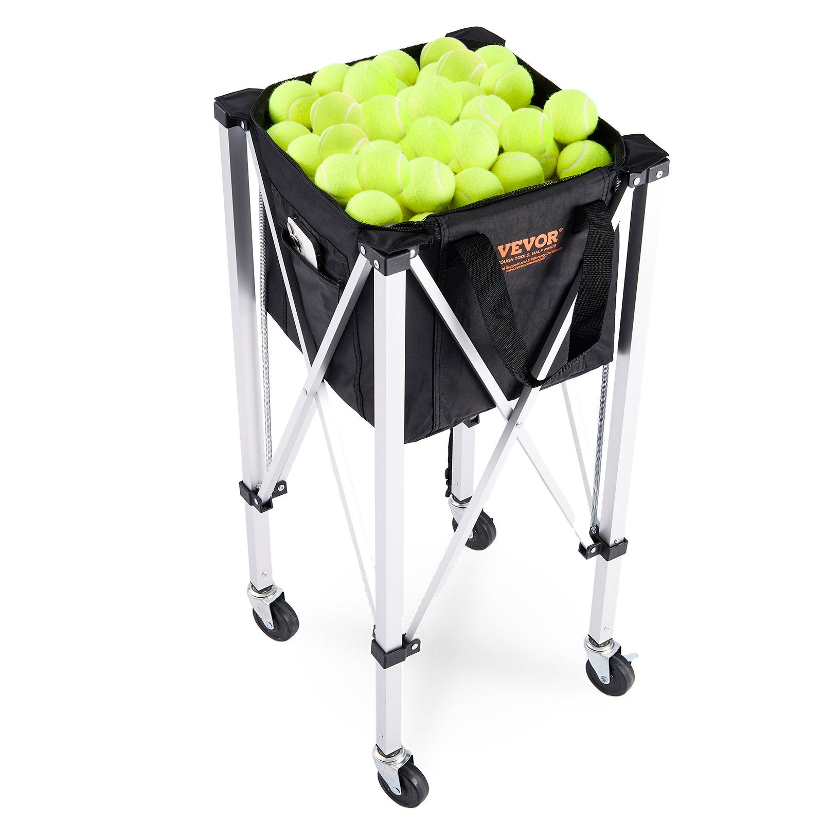 VEVOR Foldable Tennis Ball Hopper, Holds 180 Tennis Balls, Lightweight Aluminum Alloy Tennis Ball Basket Cart with Wheels, Removable Bag, Carry Bag, Portable Sports Teaching Cart for Tennis Player