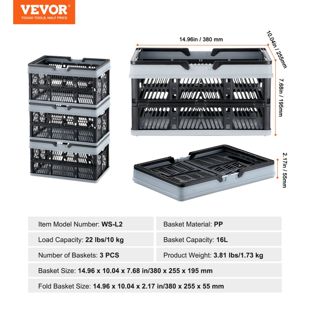VEVOR Foldable Shopping Basket Portable Grocery Basket 3PCS 16L with Handle