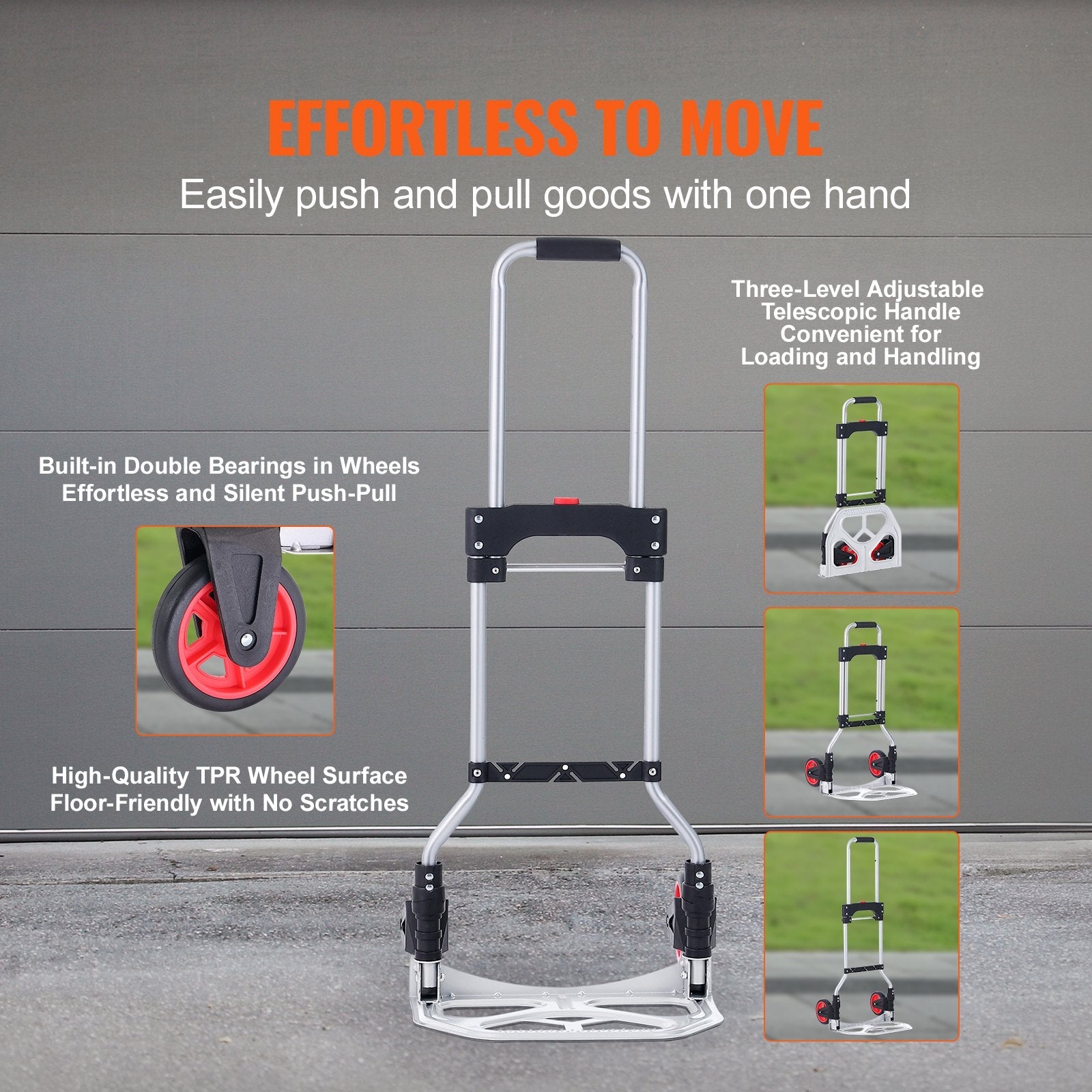 VEVOR Folding Hand Truck, 176 lbs Load Capacity, Aluminum Portable Cart, Convertible Hand Truck and Dolly with Telescoping Handle and Rubber Wheels, Ultra Lightweight Super Strong for Moving Warehouse