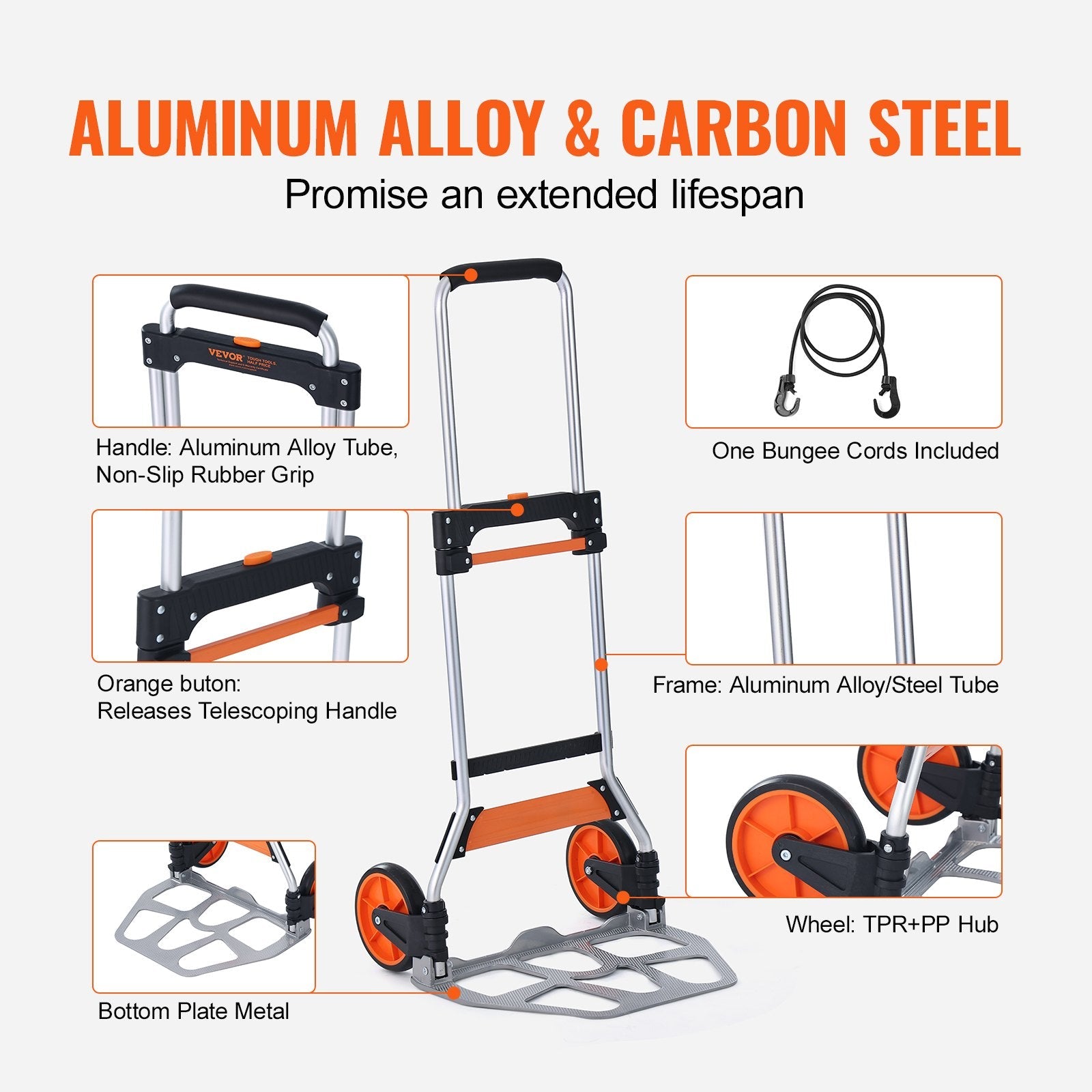 VEVOR Folding Hand Truck, 275 lbs Load Capacity, Aluminum Portable Cart, Convertible Hand Truck and Dolly with Telescoping Handle and PP+TPR Wheels, Ultra Lightweight Super Strong for Moving Warehouse