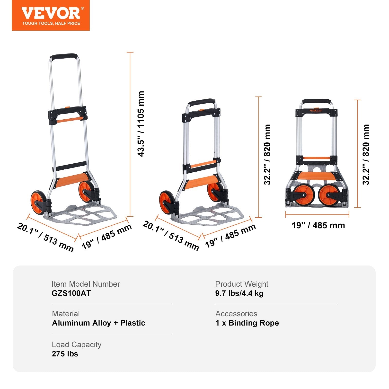 VEVOR Folding Hand Truck, 275 lbs Load Capacity, Aluminum Portable Cart, Convertible Hand Truck and Dolly with Telescoping Handle and PP+TPR Wheels, Ultra Lightweight Super Strong for Moving Warehouse