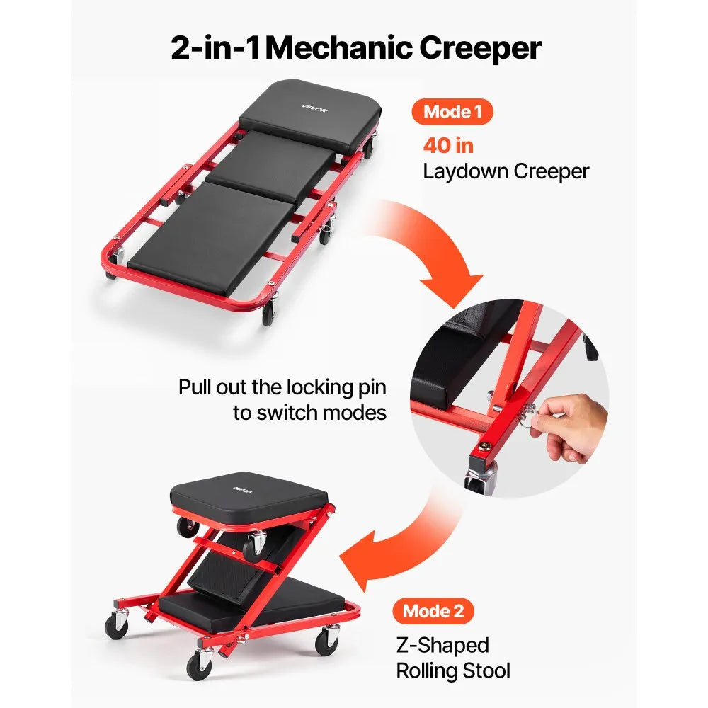 VEVOR 40" 2-in-1 Folding Mechanic Creeper & Rolling Garage Seat – 450 lb Capacity