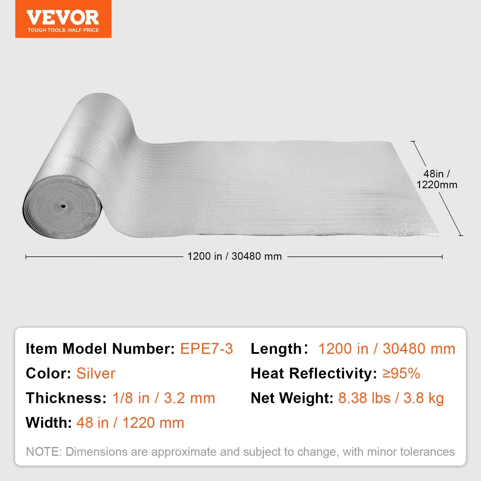 VEVOR Double Reflective Insulation Roll Foam Core Radiant Barrier 48in x 100 ft