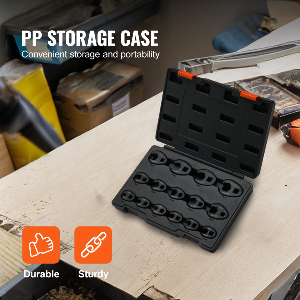 VEVOR Crowfoot Wrench Set, 1/2" and 3/8" Drive 15-Piece Crows Foot Wrench Set with PP Storage Case,  Metric 8-24 mm, CRMO Steel and  Manganese Phosphate Finish, for Mechanical Maintenance and Repairs