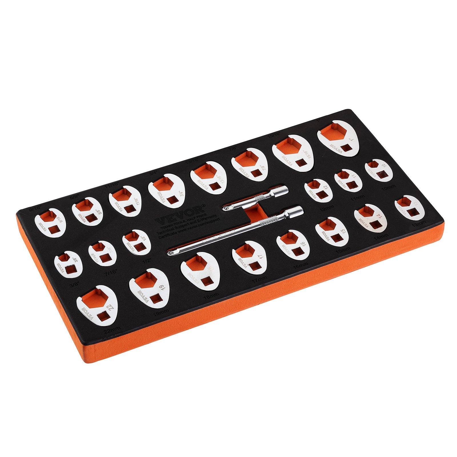 VEVOR 3/8" Drive Crowfoot Wrench Set with 2 Extension Bars, 24-Piece Crows Foot Wrench Set, SAE 3/8"-1" and Metric 10-22 mm, CR-MO Steel Crowfoot Wrench Set, with EVA Tool Organizer