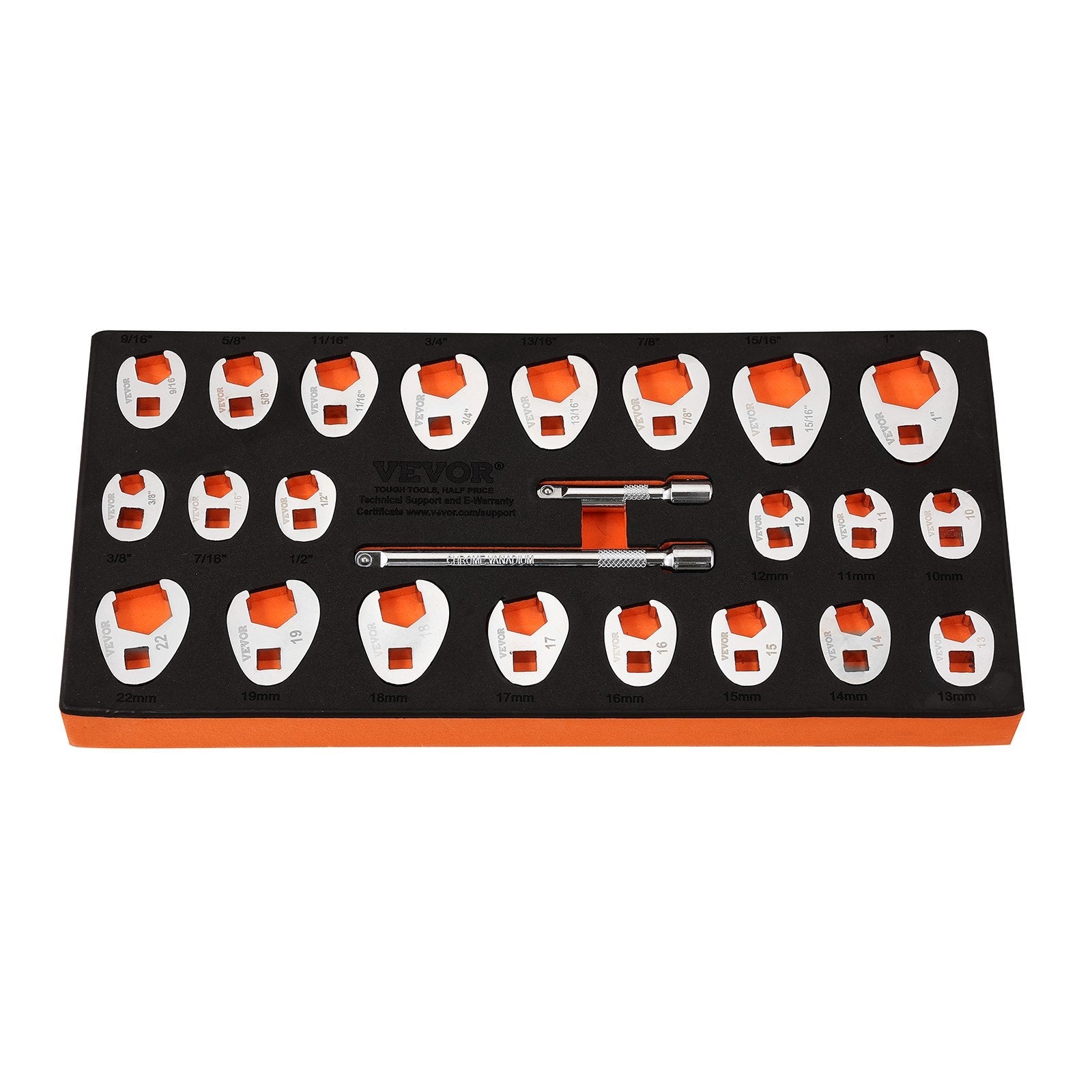 VEVOR 3/8" Drive Crowfoot Wrench Set with 2 Extension Bars, 24-Piece Crows Foot Wrench Set, SAE 3/8"-1" and Metric 10-22 mm, CR-MO Steel Crowfoot Wrench Set, with EVA Tool Organizer