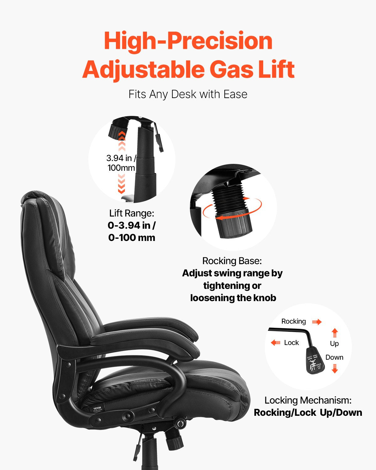 VEVOR Executive Chair High Back Office Chair Knob-Control Lumbar Support Black