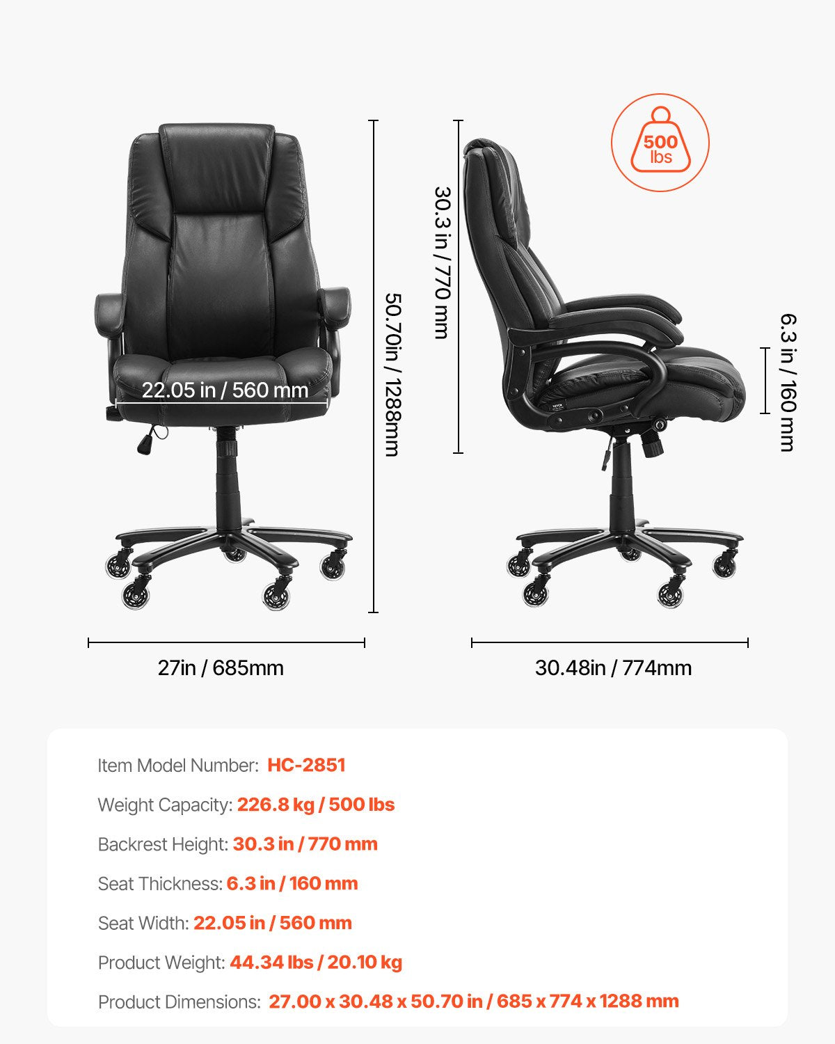 VEVOR Executive Chair High Back Office Chair Knob-Control Lumbar Support Black