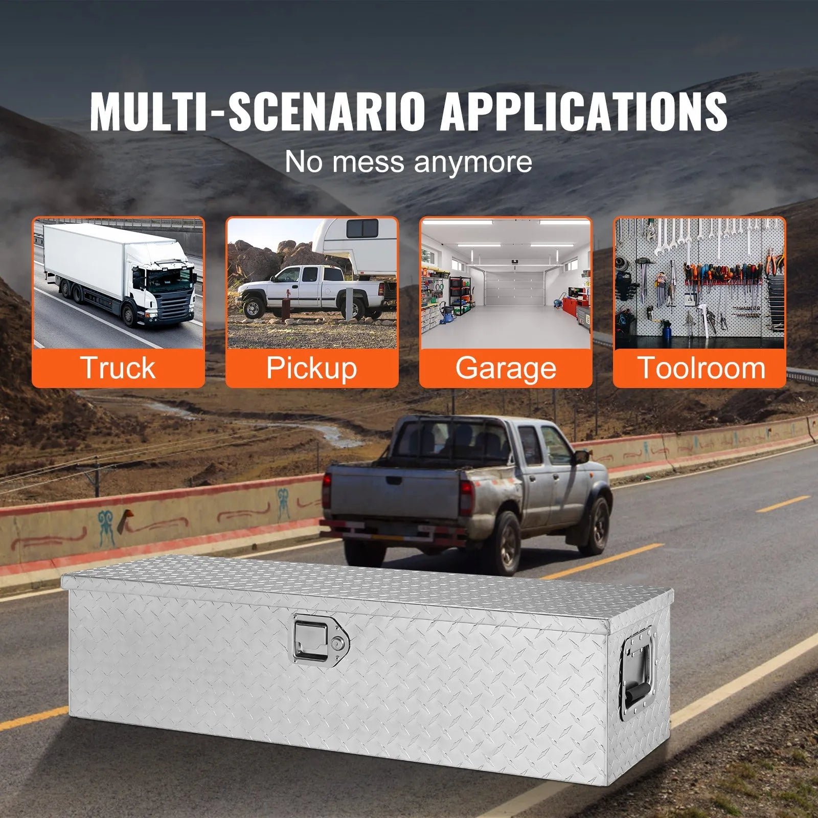 VEVOR Heavy Duty Aluminum Truck Bed Tool Box, Diamond Plate Tool Box with Side Handle and Lock Keys, Storage Tool Box Chest Box Organizer for Pickup, Truck Bed, RV, Trailer, 39"x13"x10", Silver