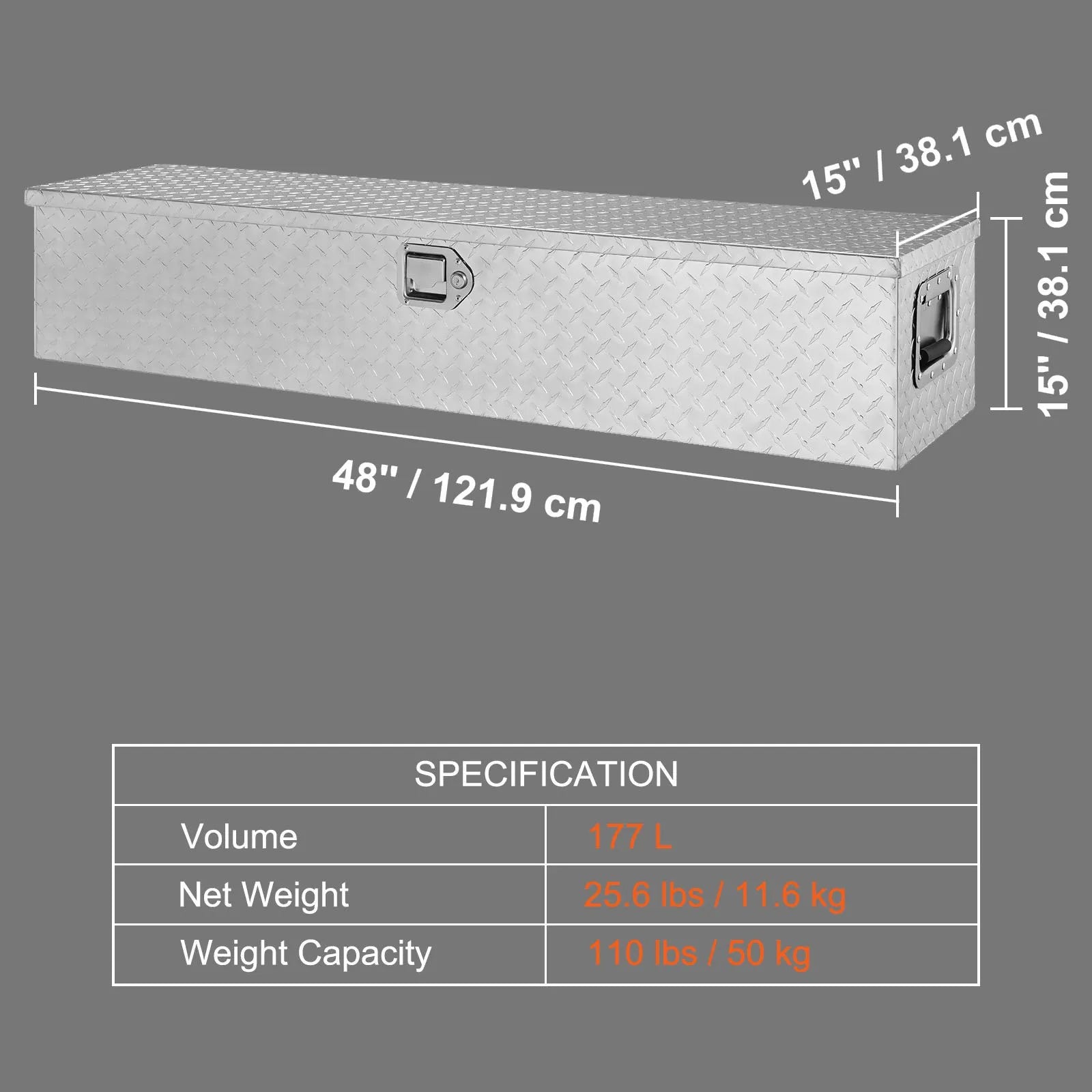 VEVOR Heavy Duty Aluminum Truck Bed Tool Box, Diamond Plate Tool Box with Side Handle and Lock Keys, Storage Tool Box Chest Box Organizer for Pickup, Truck Bed, RV, Trailer, 48"x15"x15", Silver