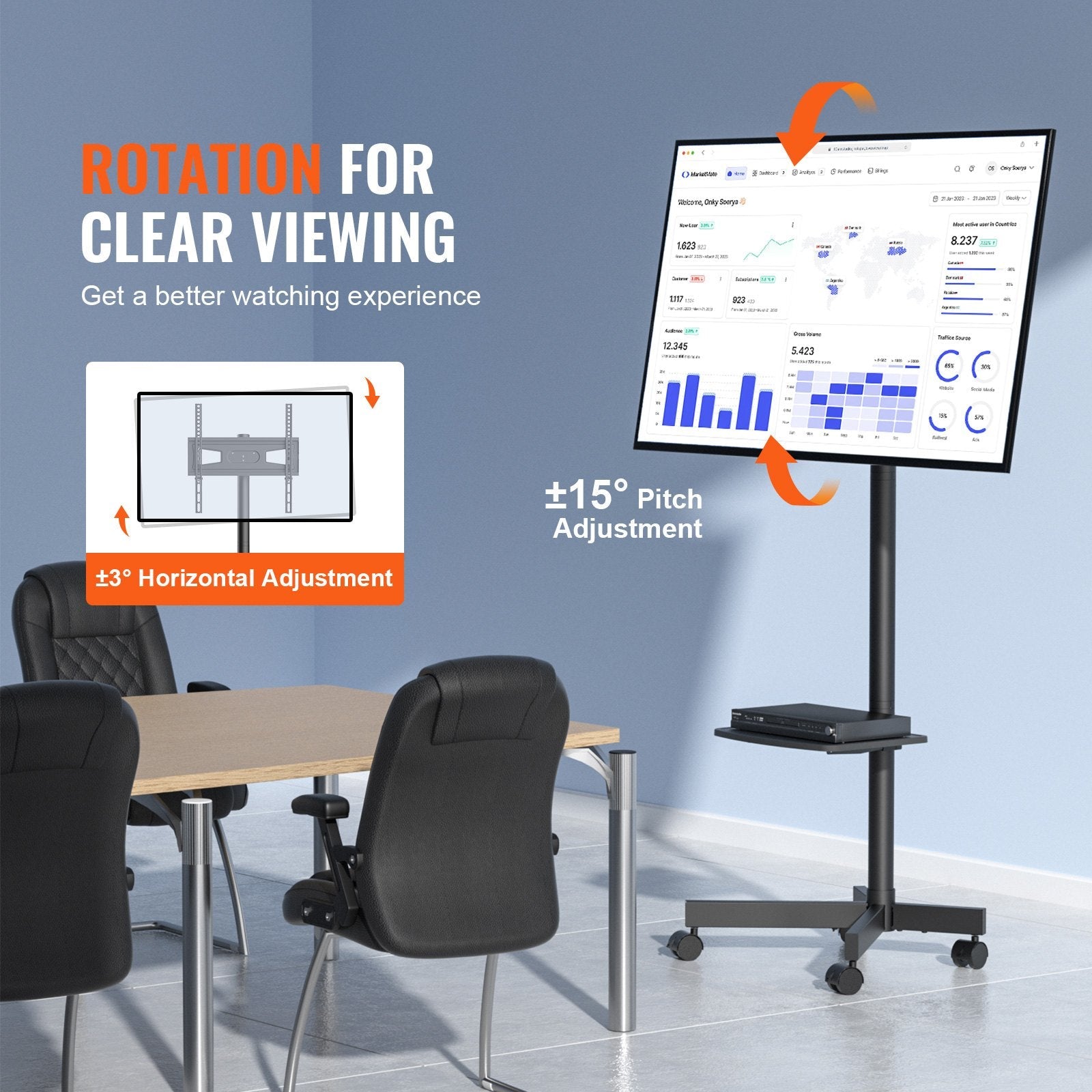 VEVOR Mobile TV Stand, Mobile TV Cart for 23 to 60 inch TVs, Height Adjustable Portable TV Stand with Wheels, with A Tray for Audio-Visual Devices, Rolling TV Stand with Mount for Bedroom, Living Room