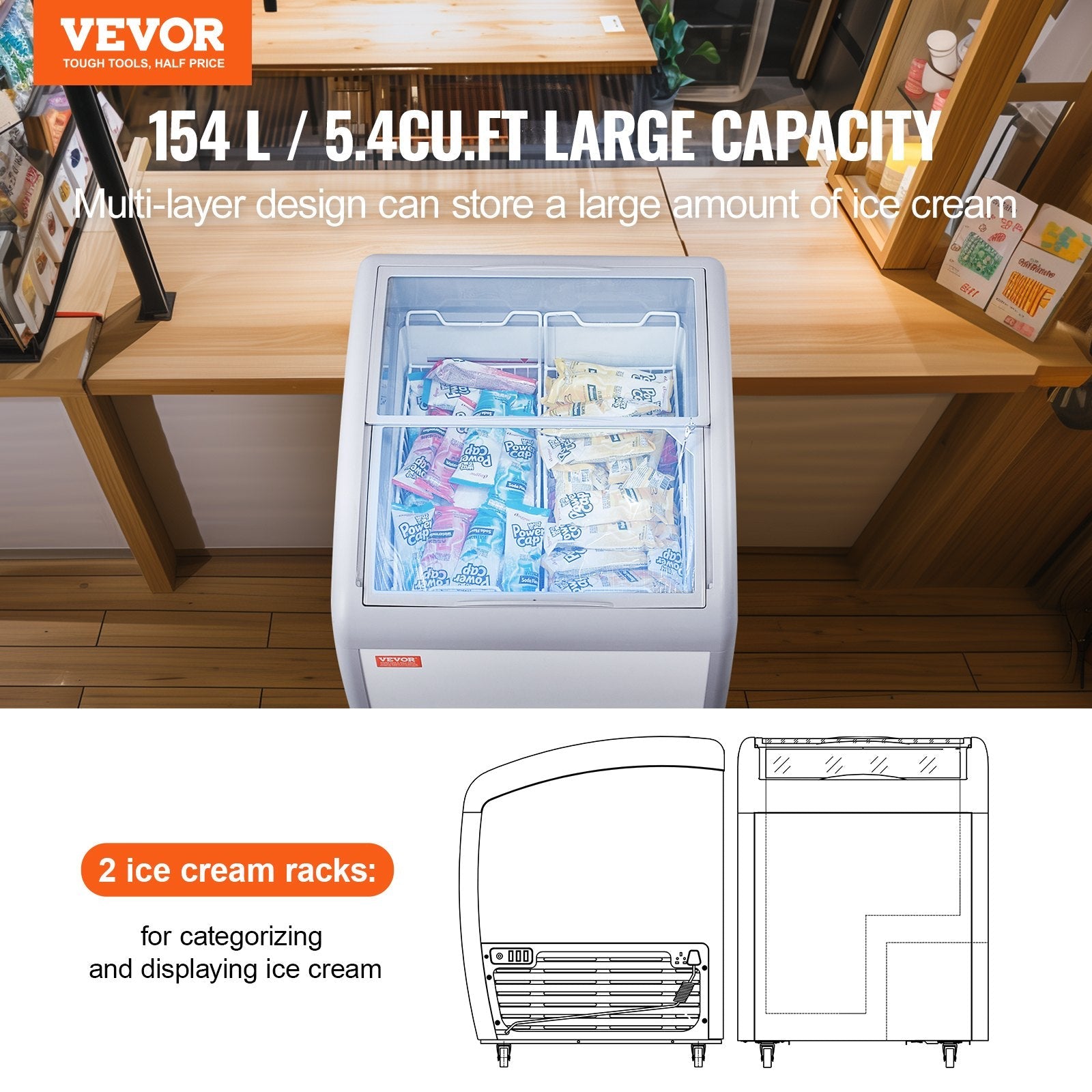 VEVOR 5.4 Cu.ft Commercial Ice Cream Display Case Gelato Dipping Freezer Cabinet