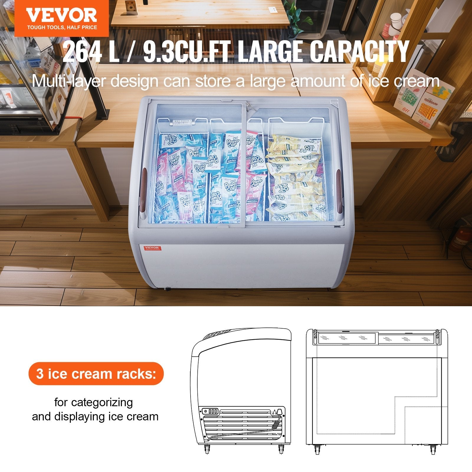 VEVOR 9.3 Cu.ft Commercial Ice Cream Display Case Gelato Dipping Freezer Cabinet