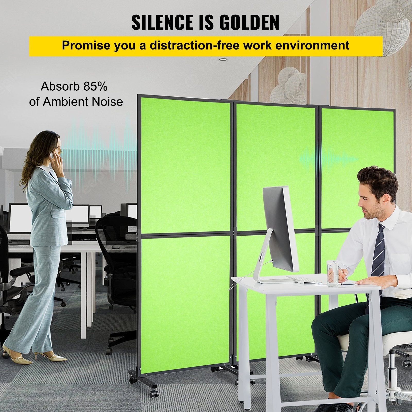 VEVOR Acoustic Room Divider 72\" x 66\" Office Partition Panel 3 Pack Office Divider Wall Tea Green Office Dividers Partition Wall Polyester & 45 Steel Cubicle Wall Reduce Noise and Visual Distractions