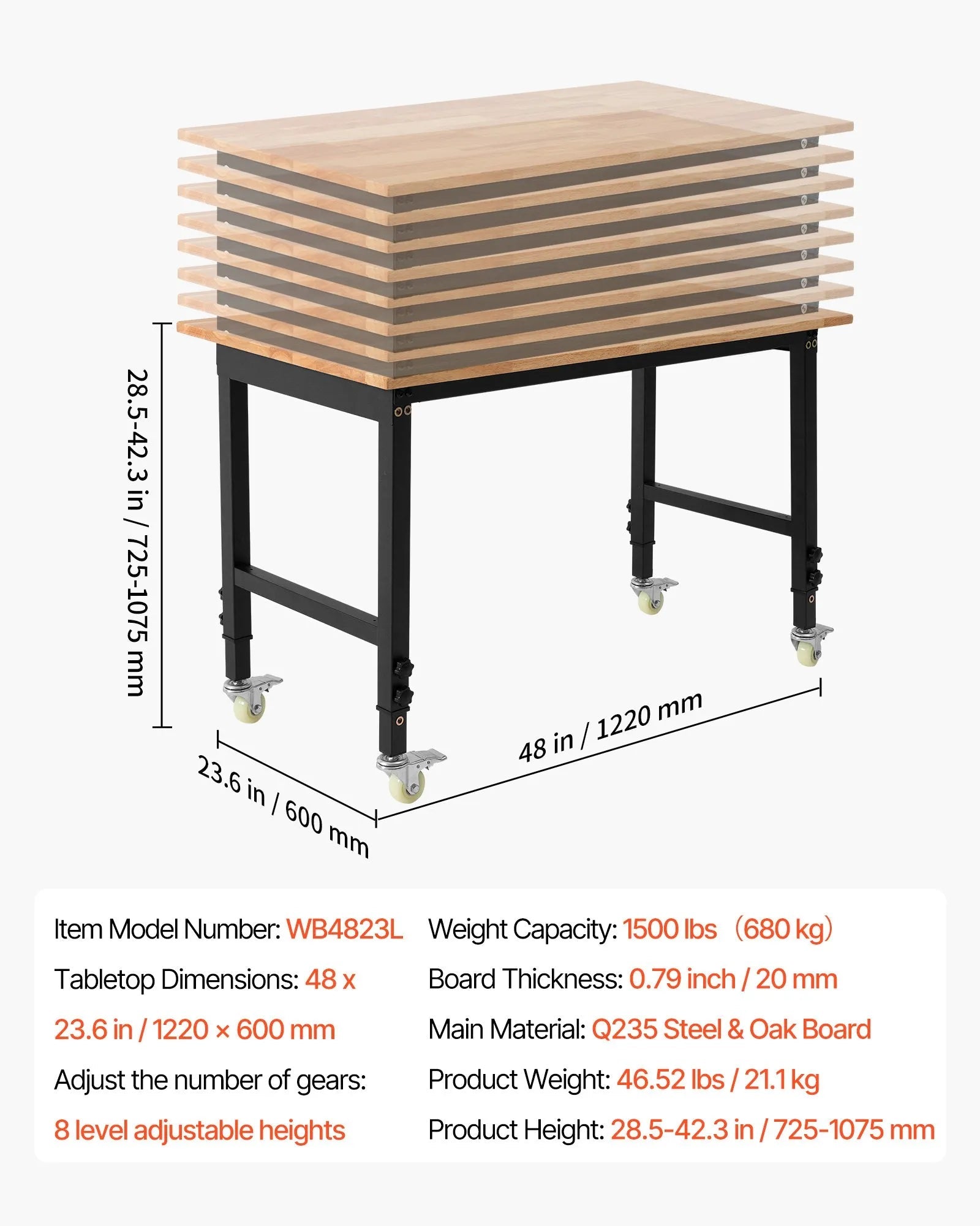 VEVOR Adjustable Workbench on Wheels, 1500 lbs Capacity, 48 x 24 Inch Oak Wood Top Workbench with 28.5-42.3 Inch Height Adjustment, Heavy-Duty Hardwood Worktable for Garage, Workshop, Home, Office