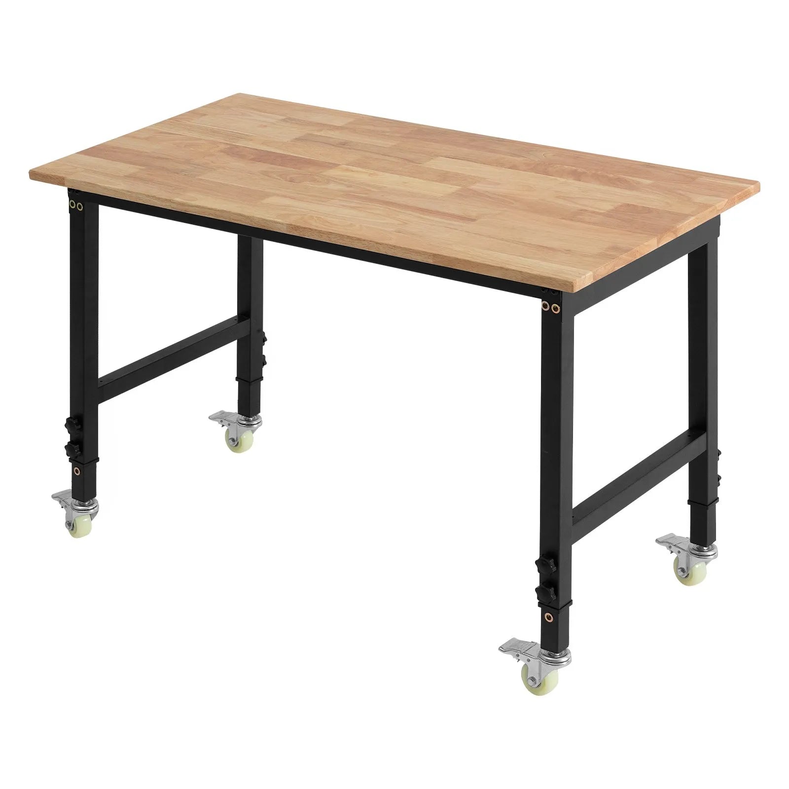 VEVOR Adjustable Workbench on Wheels, 1500 lbs Capacity, 48 x 24 Inch Oak Wood Top Workbench with 28.5-42.3 Inch Height Adjustment, Heavy-Duty Hardwood Worktable for Garage, Workshop, Home, Office