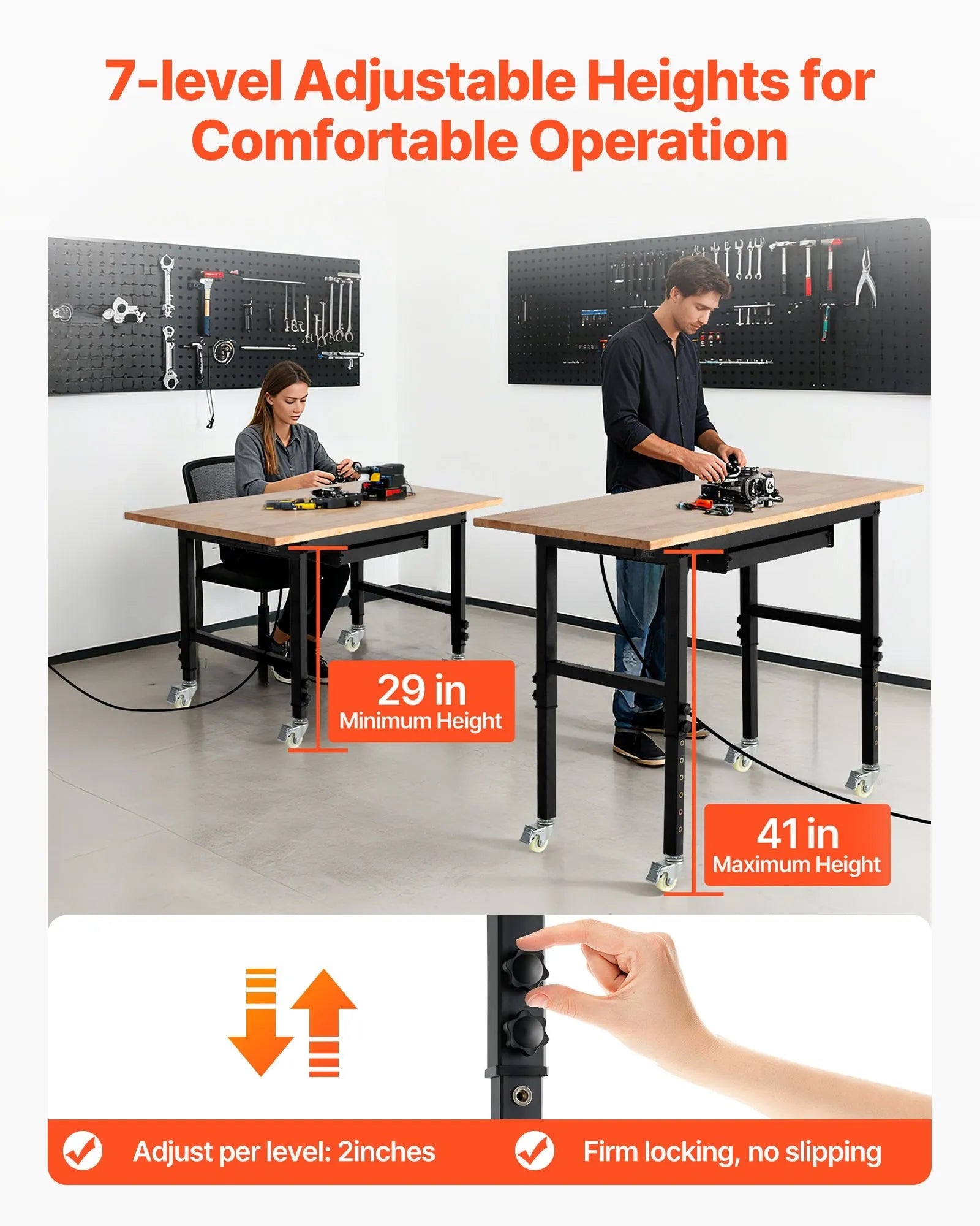 VEVOR Adjustable Workbench on Wheels, 2000 lbs Capacity, 60 x 24 Inch Oak Wood Top Workbench with Drawer & Power Outlets, Heavy-Duty Hardwood Worktable for Garage, Workshop, Home, Office, Commercial