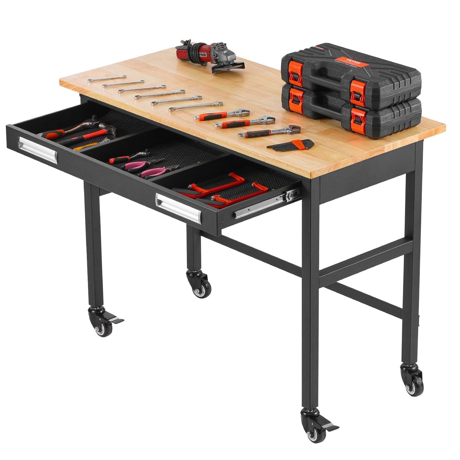 VEVOR 48" Workbench on Wheels Wood Top Work Table with Drawer Organizer 1500 lbs