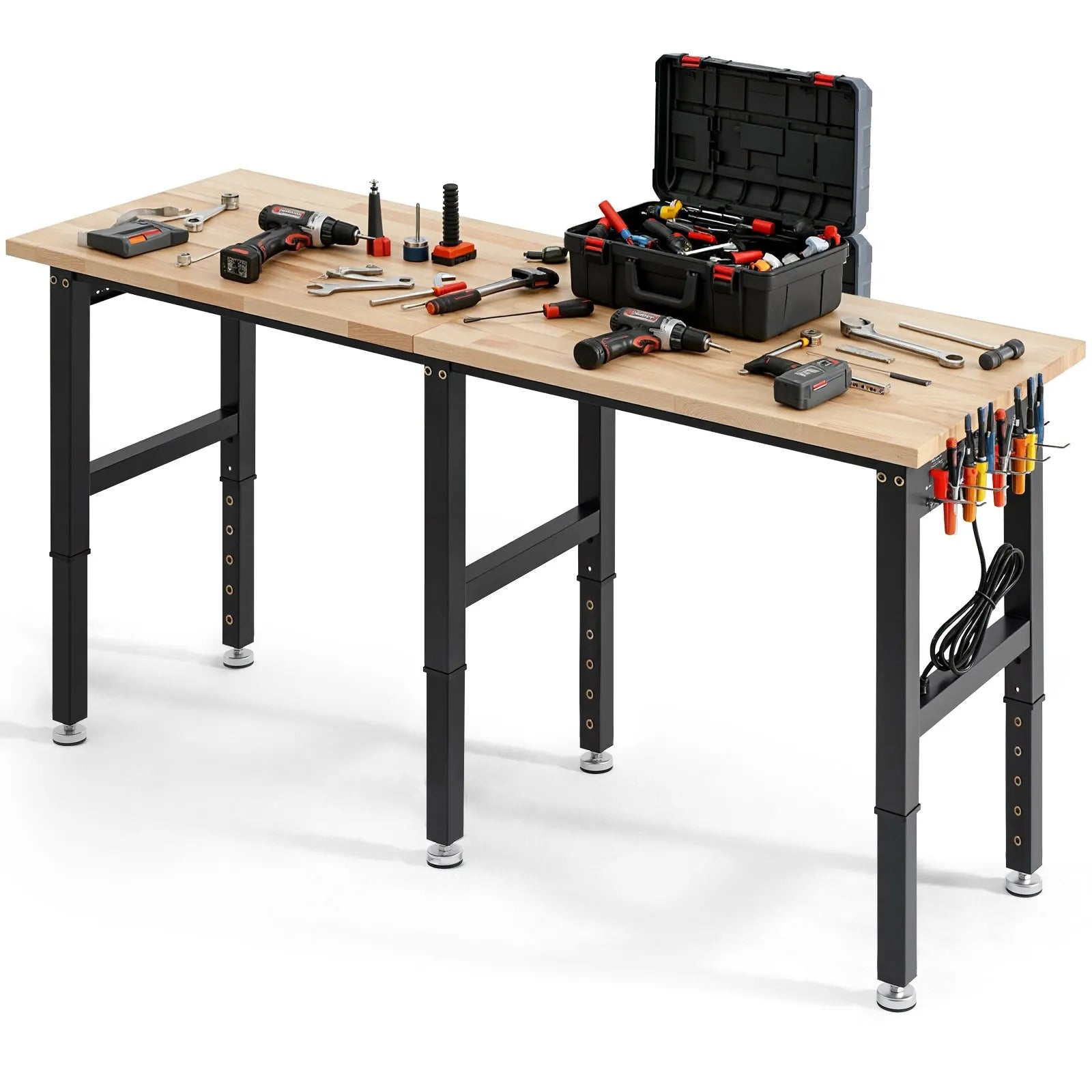 VEVOR Adjustable Workbench, 5000 lbs Capacity, 72 x 24 Inch Oak Wood Top Workstation with 4 AC Outlets & 2 USB Ports, Heavy-Duty Hardwood Worktable for Garage, Workshop, Home, Office, Commercial