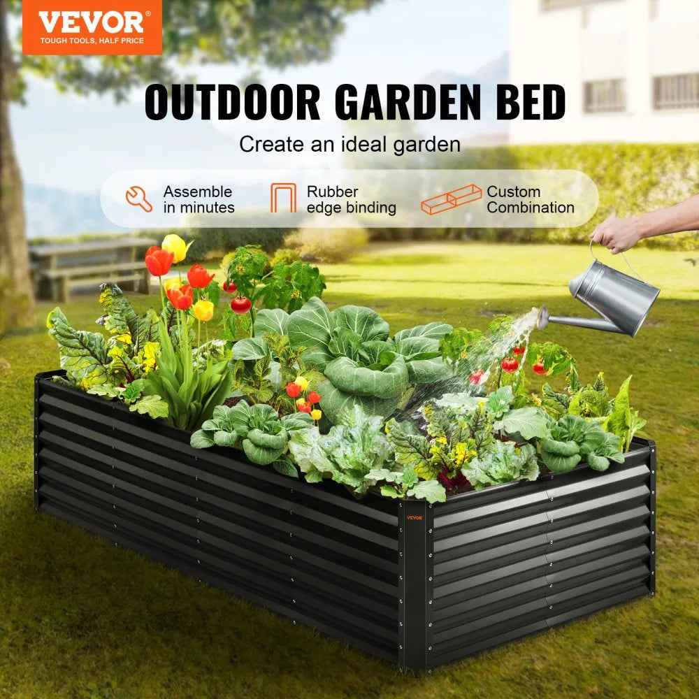 VEVOR Raised Garden Bed, 8 x 4 x 2 ft Galvanized Metal Planter Box, Outdoor Planting Boxes with Open Base, for Growing Flowers/Vegetables/Herbs in Backyard/Garden/Patio/Balcony, Dark Gray