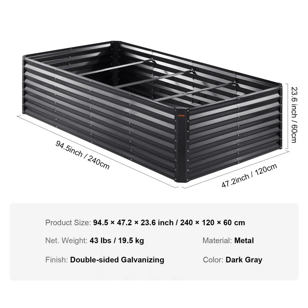 VEVOR Raised Garden Bed, 8 x 4 x 2 ft Galvanized Metal Planter Box, Outdoor Planting Boxes with Open Base, for Growing Flowers/Vegetables/Herbs in Backyard/Garden/Patio/Balcony, Dark Gray