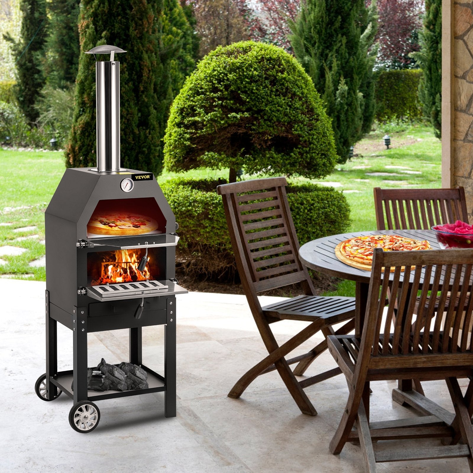 VEVOR Outdoor Pizza Oven, 12\" Wood Fire Oven, 2-Layer Pizza Oven Wood Fired, Wood Burning Outdoor Pizza Oven w/ 2 Removable Wheels, Wood Fired Pizza Maker Ovens w/ 900? Max Temperature for Barbecue