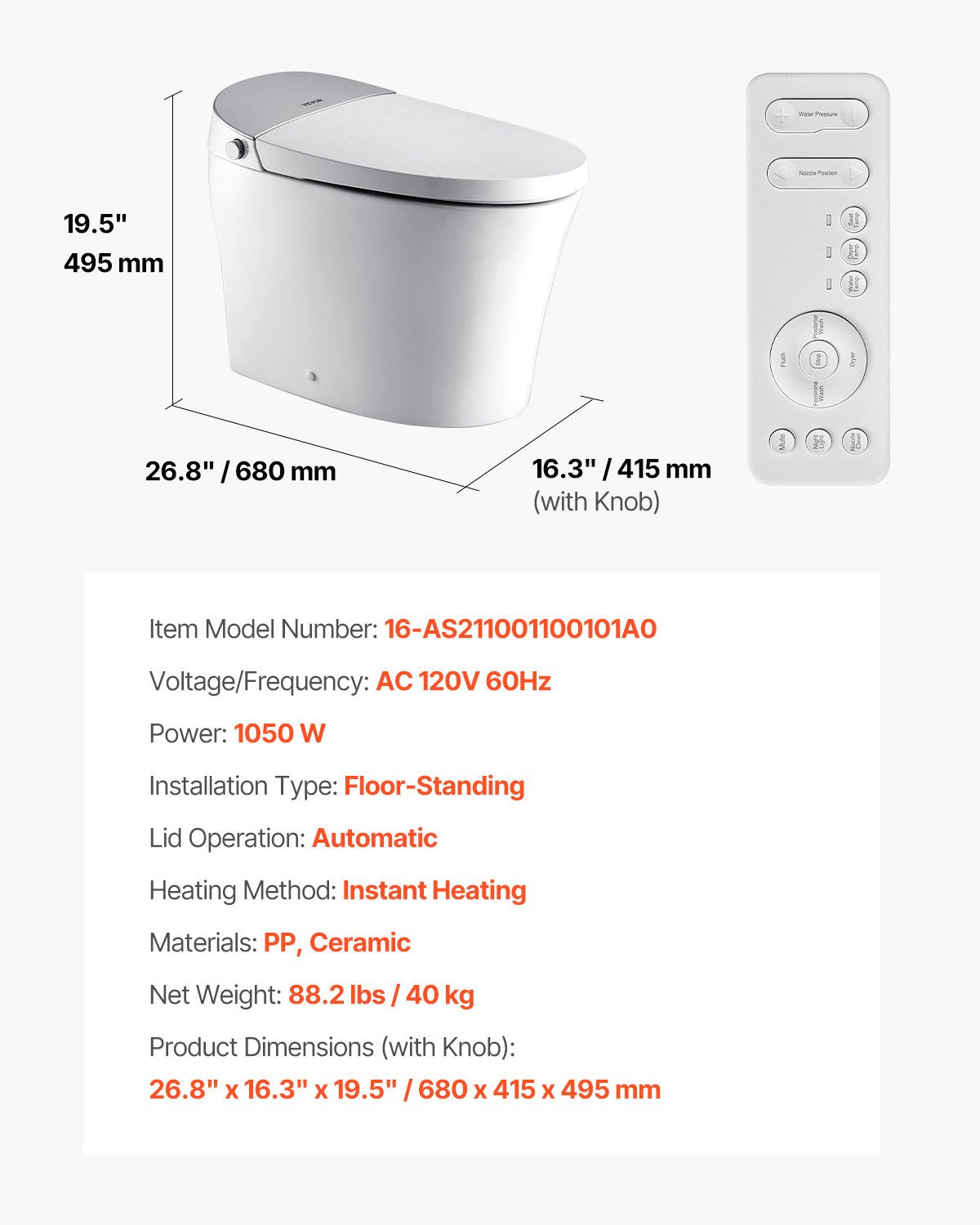 VEVOR Elongated Smart Toilet Auto Freshening Toilet with Heated Toilet Seat