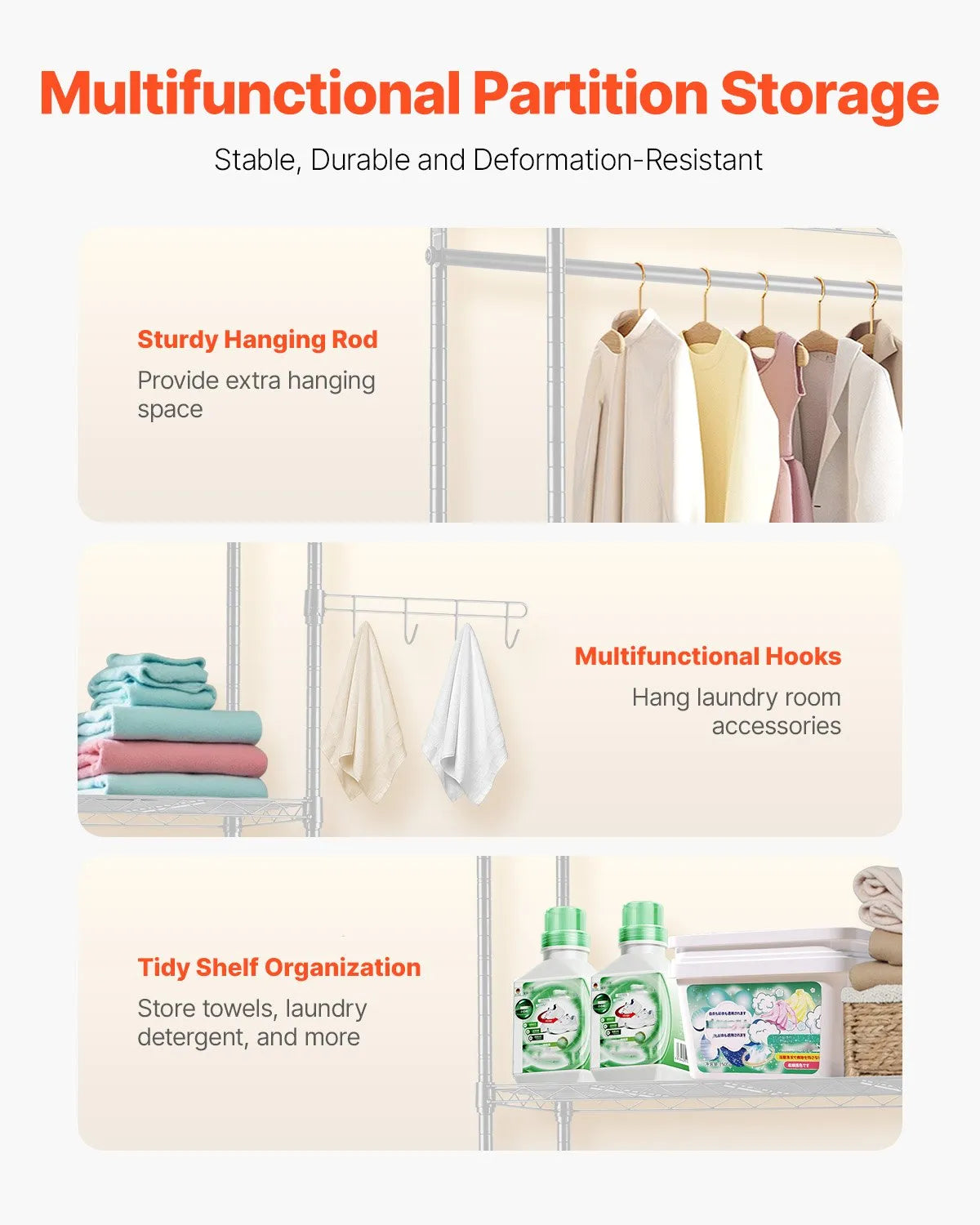 5-Tier Over Washer and Dryer Storage Shelf with Hanging Rod, Hooks & Adjustable Shelves, White