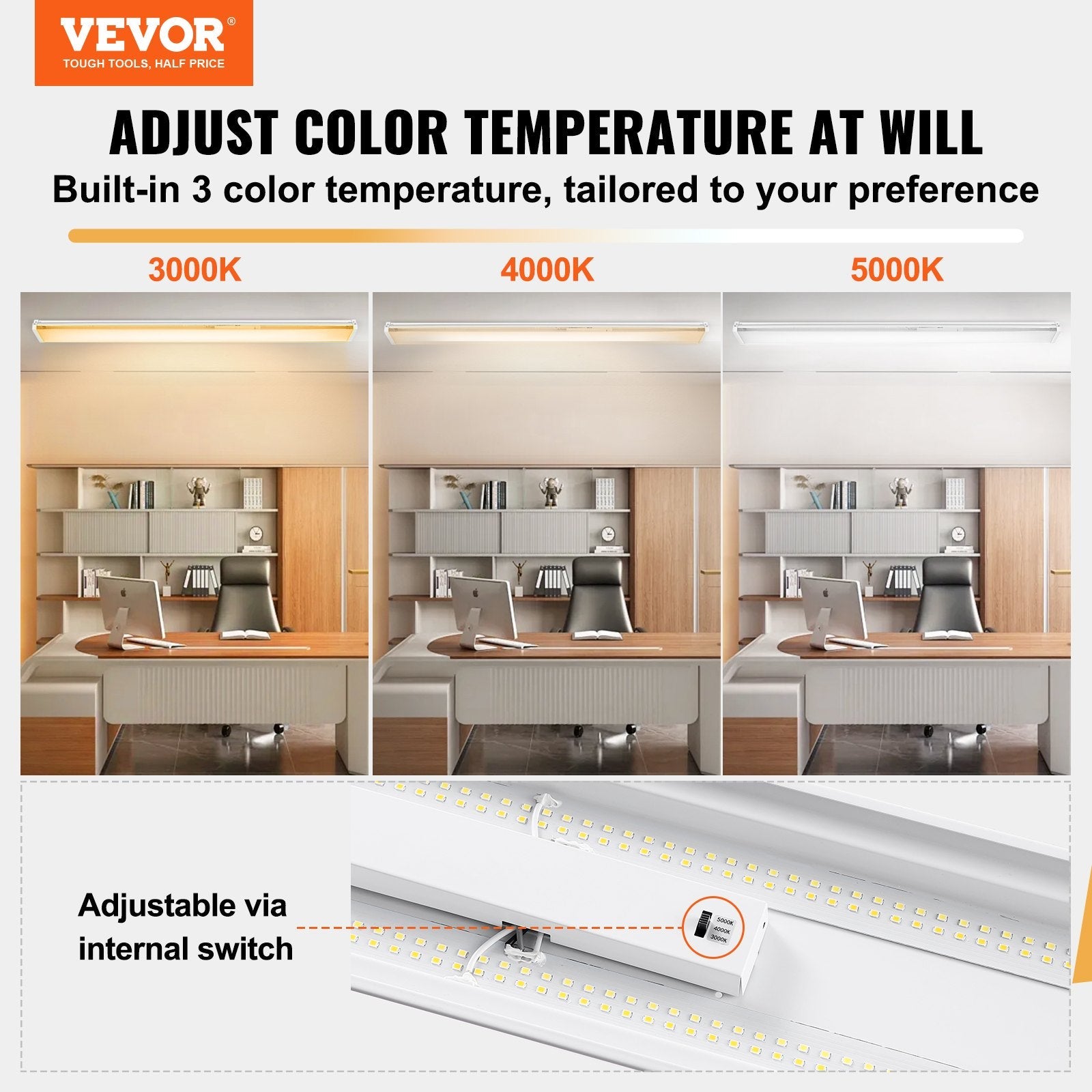 VEVOR 4FT LED Wraparound Light, 50W, 5500LM Flush Mount LED Shop Light, 3000K/4000K/5000K Adjustable LED Kitchen Ceiling Lighting Fixtures for Garage Office Laundry Fluorescent Tube Replacement, FCC