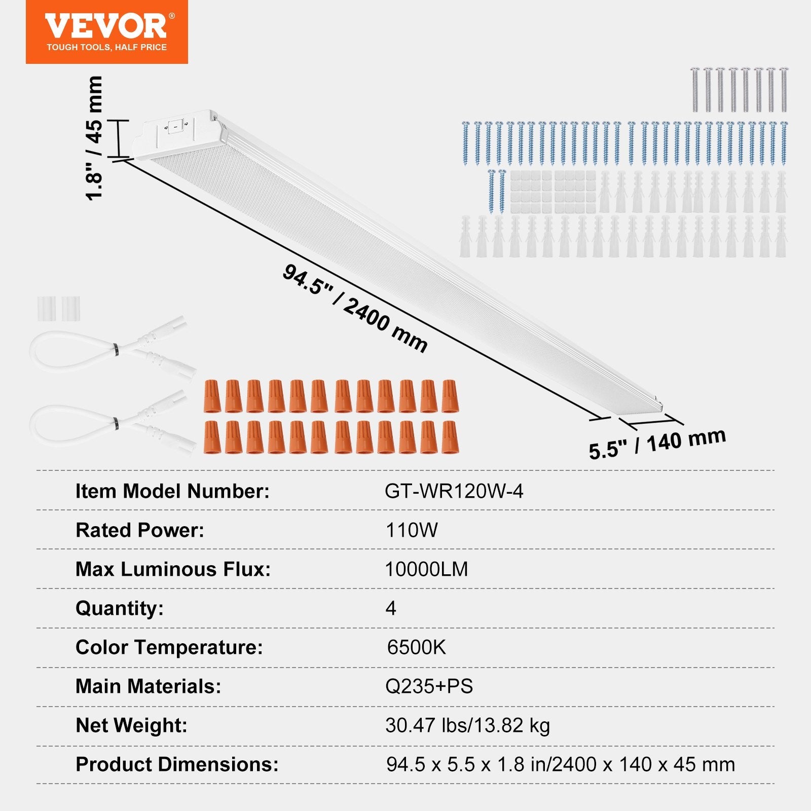 VEVOR 8FT LED Wraparound Light, 110W 10,000LM, Flush Mount LED Shop Light, 4 Pack 6500K Daylight LED Kitchen Ceiling Lighting Fixtures, for Garage Office Laundry Fluorescent Tube Replacement, FCC