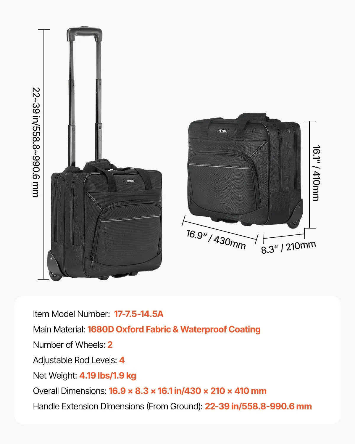 VEVOR Rolling Laptop Bag 15.6 Inch Wheeled Computer Bag for Women & Men Black