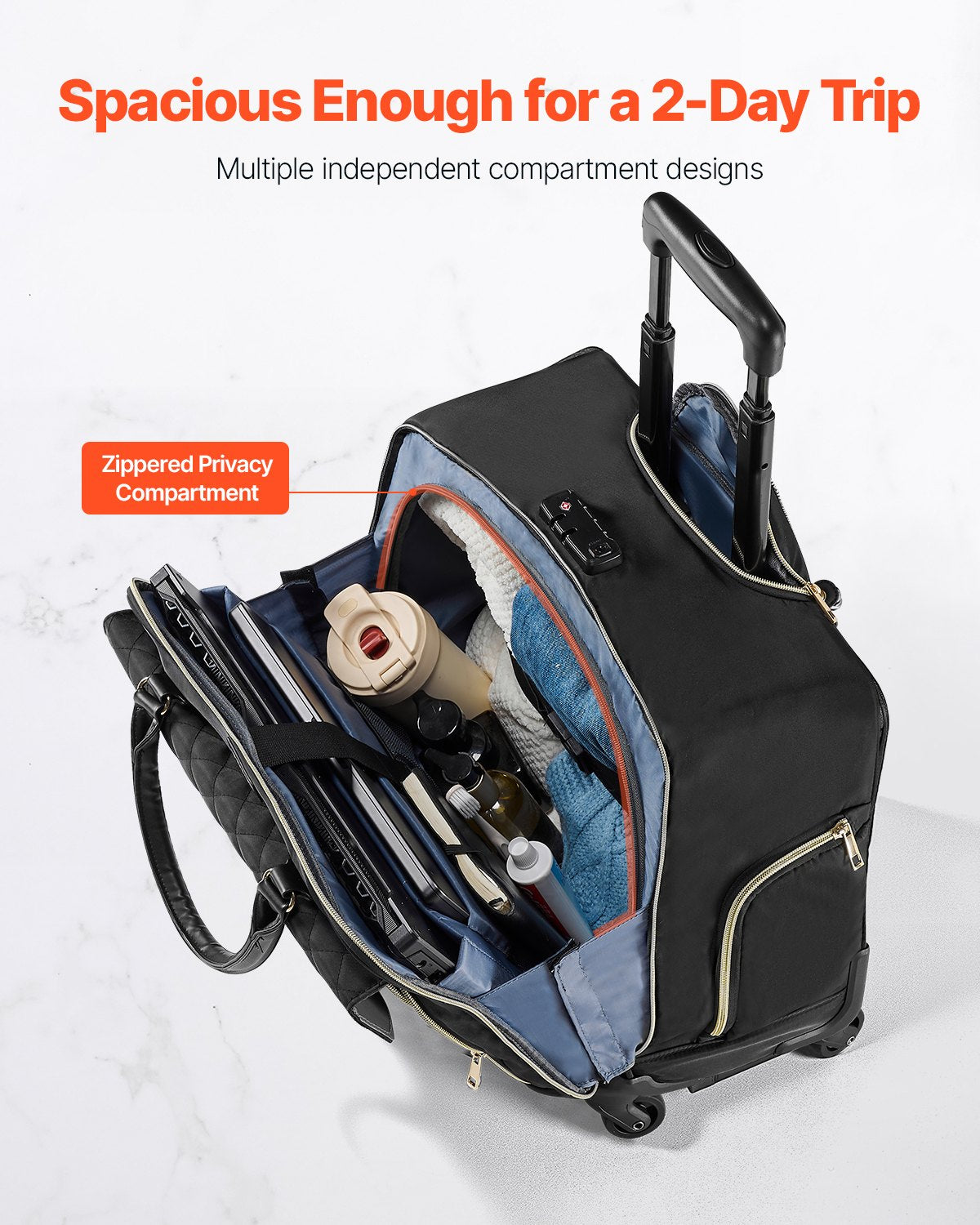 VEVOR Rolling Laptop Bag 17.3 Inch Wheeled Computer Bag for Women Men Black Gold