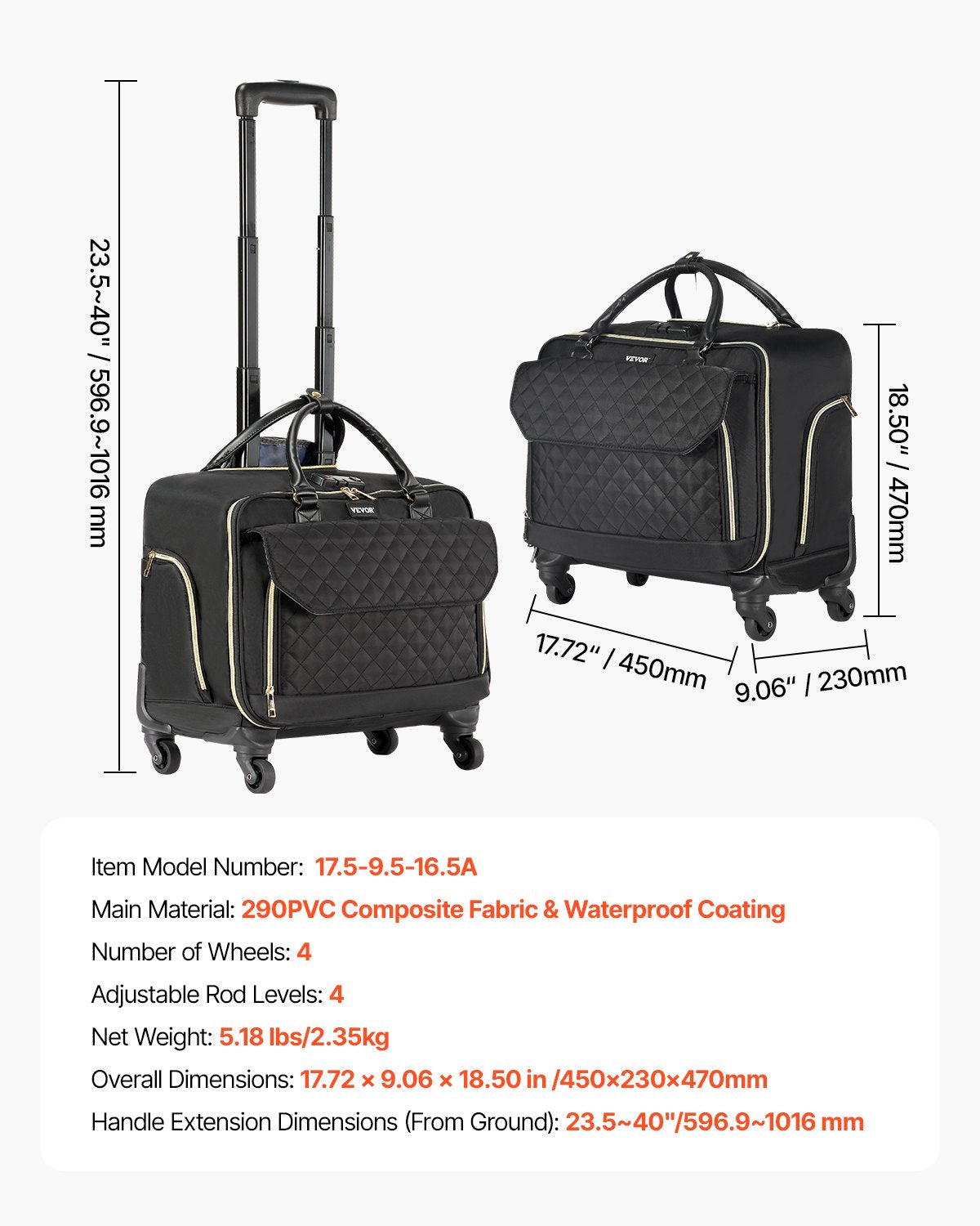 VEVOR Rolling Laptop Bag 17.3 Inch Wheeled Computer Bag for Women Men Black Gold