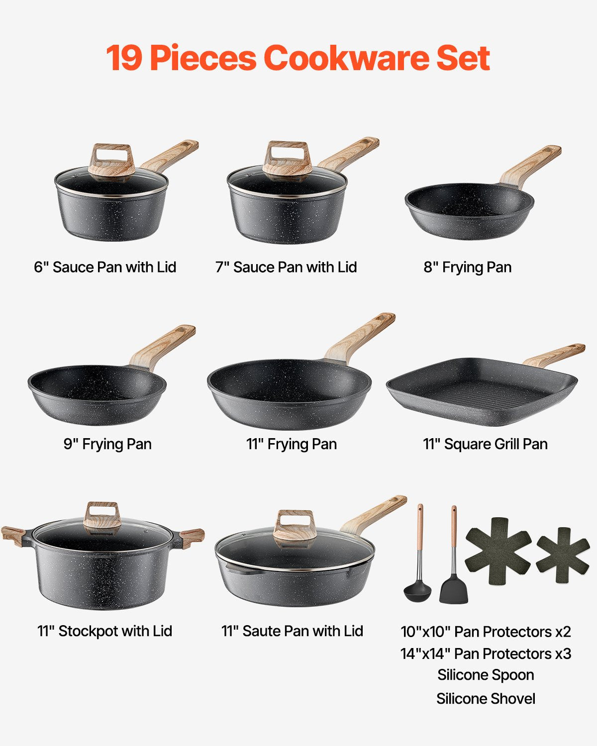 VEVOR 19 Piece Pots and Pans Set Granite Nonstick Kitchen Cookware Black
