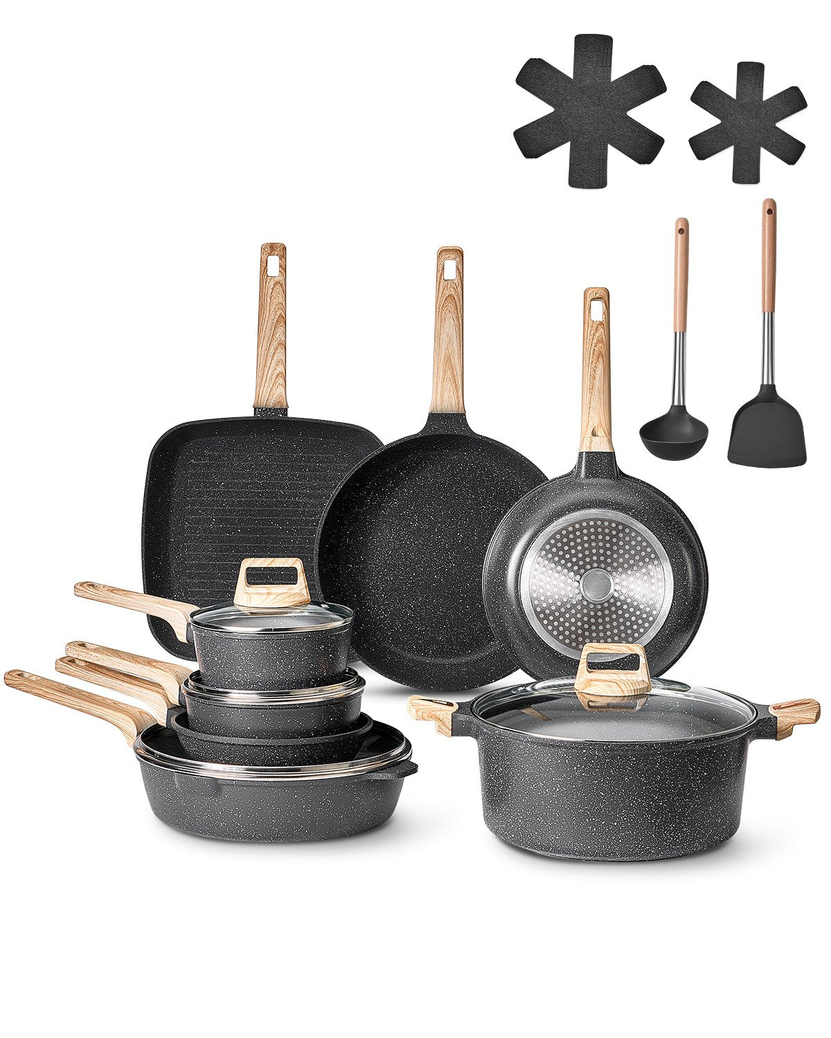 VEVOR 19 Piece Pots and Pans Set Granite Nonstick Kitchen Cookware Black