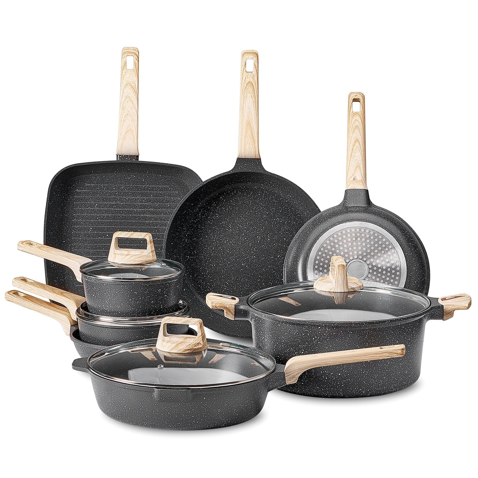 VEVOR 19 Piece Pots and Pans Set Granite Nonstick Kitchen Cookware Black