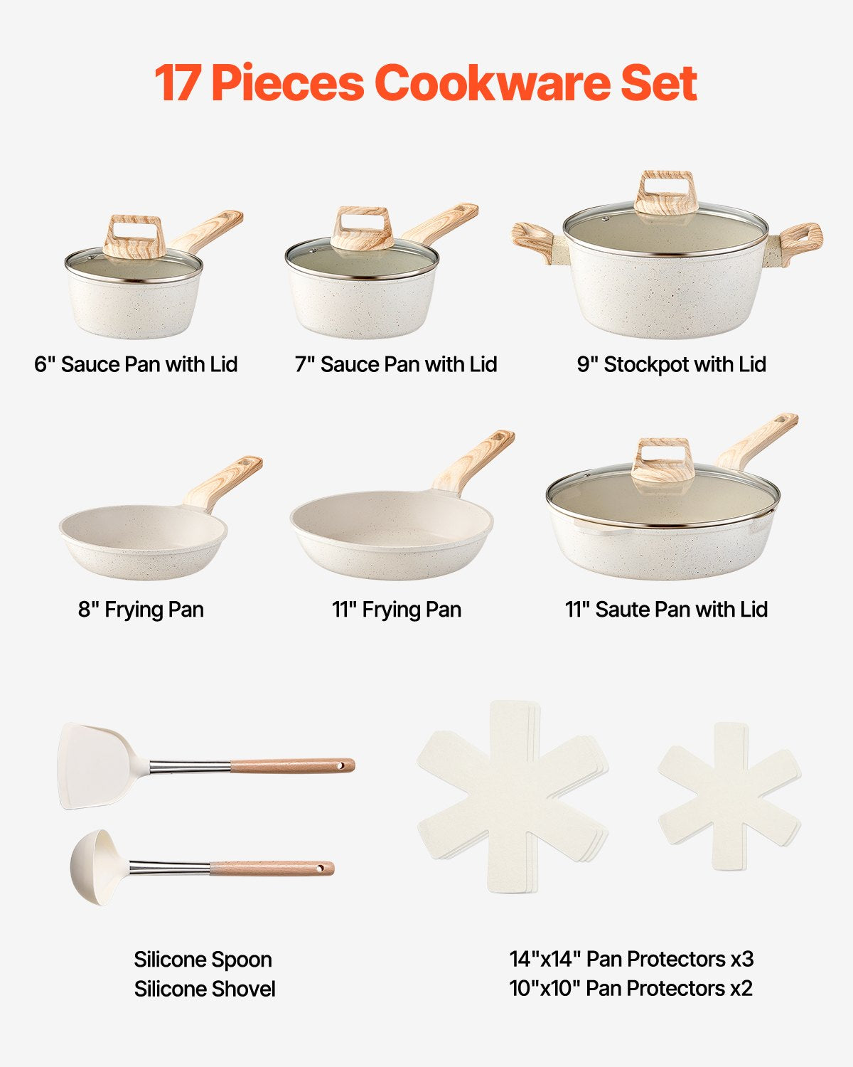VEVOR 17 Piece Pots and Pans Set Granite Nonstick Kitchen Cookware White