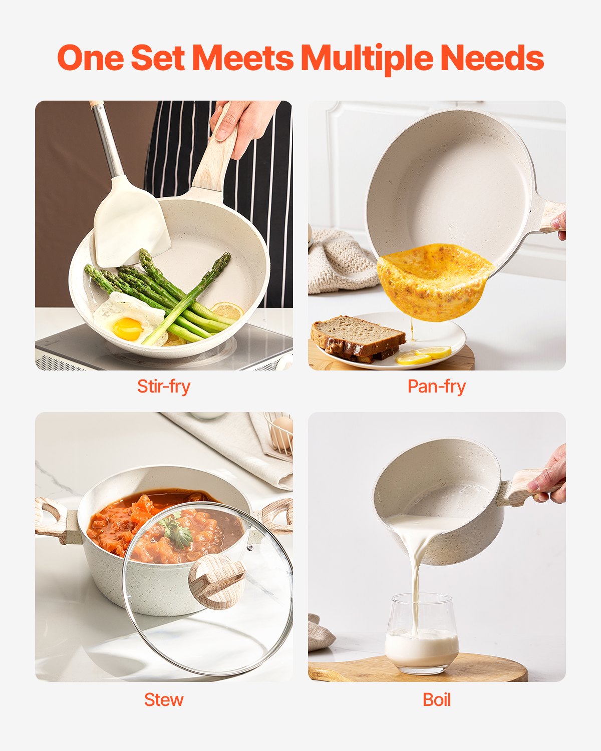 VEVOR 17 Piece Pots and Pans Set Granite Nonstick Kitchen Cookware White