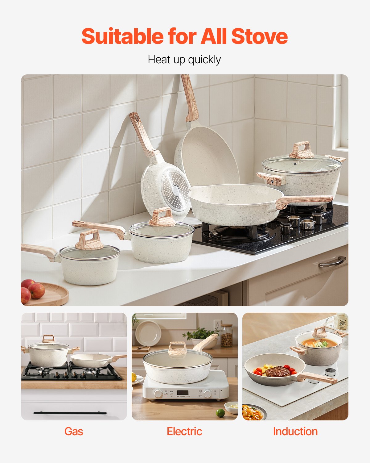 VEVOR 17 Piece Pots and Pans Set Granite Nonstick Kitchen Cookware White