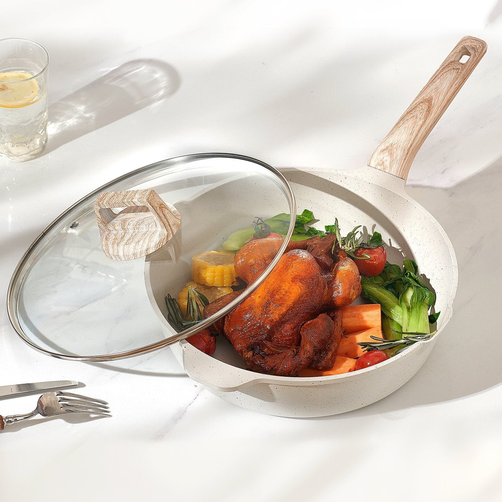 VEVOR 17 Piece Pots and Pans Set Granite Nonstick Kitchen Cookware White