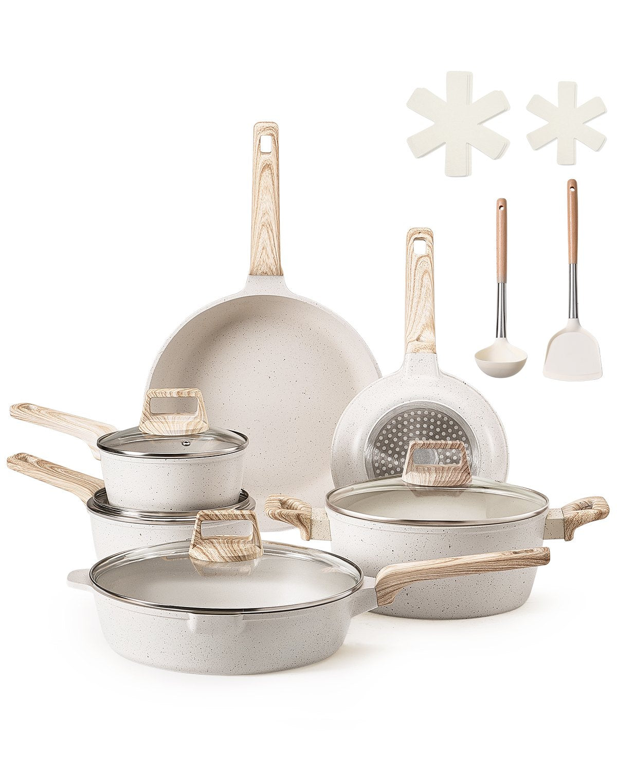 VEVOR 17 Piece Pots and Pans Set Granite Nonstick Kitchen Cookware White