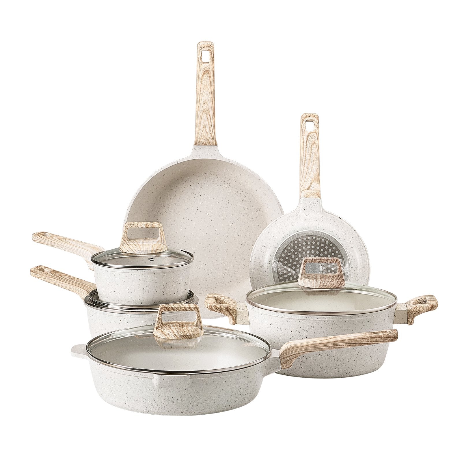 VEVOR 17 Piece Pots and Pans Set Granite Nonstick Kitchen Cookware White