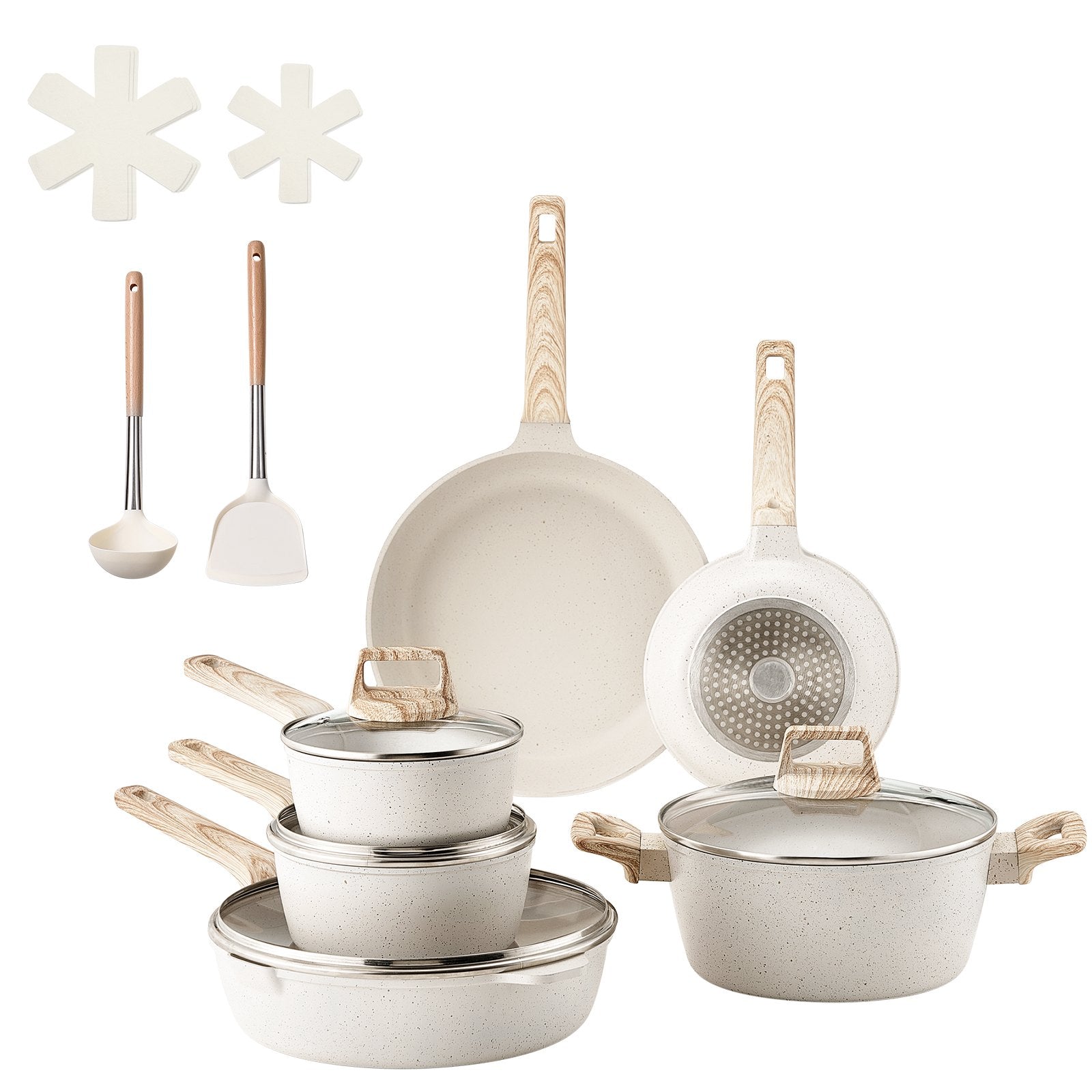 VEVOR 17 Piece Pots and Pans Set Granite Nonstick Kitchen Cookware White