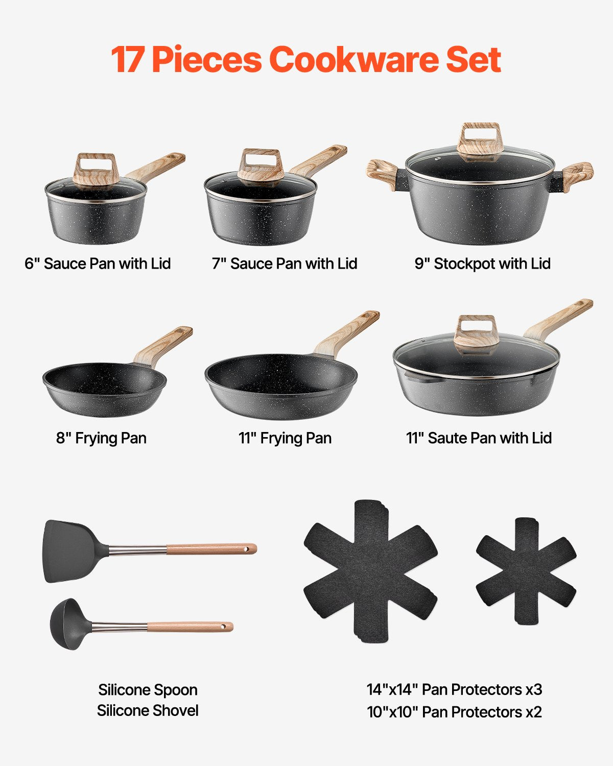 VEVOR 17 Piece Pots and Pans Set Granite Nonstick Kitchen Cookware Black